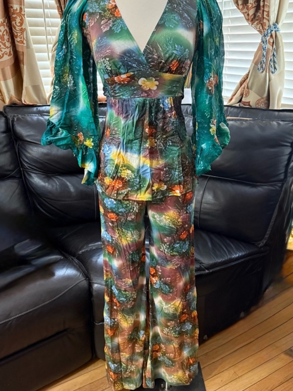1970s Angel Sleeve Blouse and Flare Pants